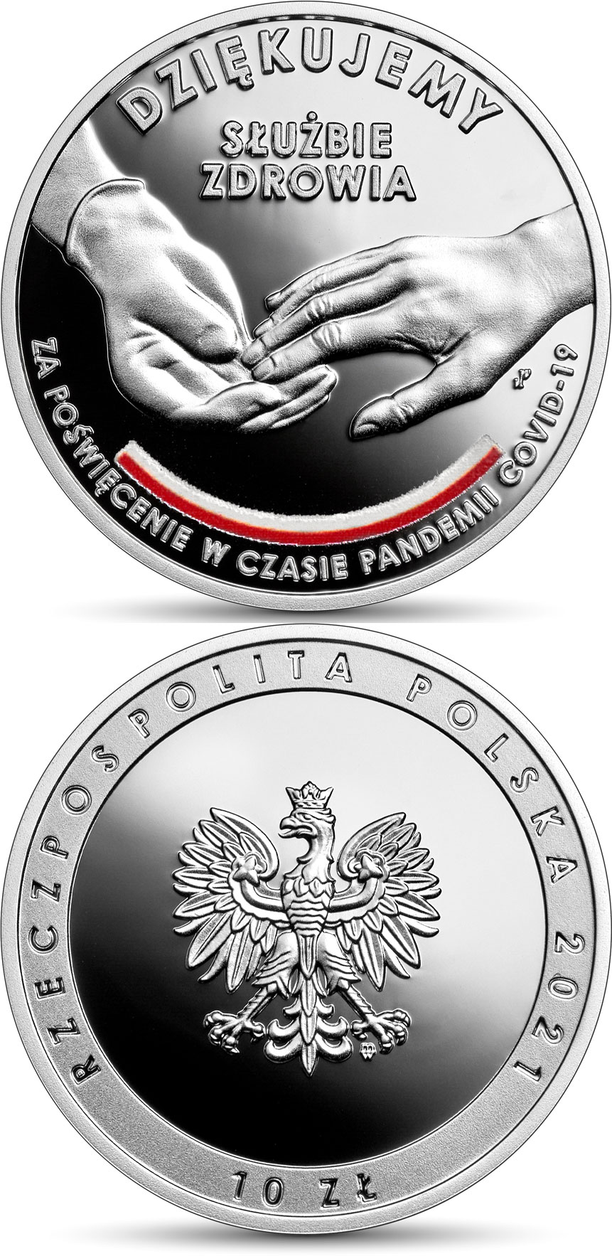 Image of 10 zloty coin - We thank healthcare workers for their dedication during the COVID-19 pandemic  | Poland 2021.  The Silver coin is of Proof quality.