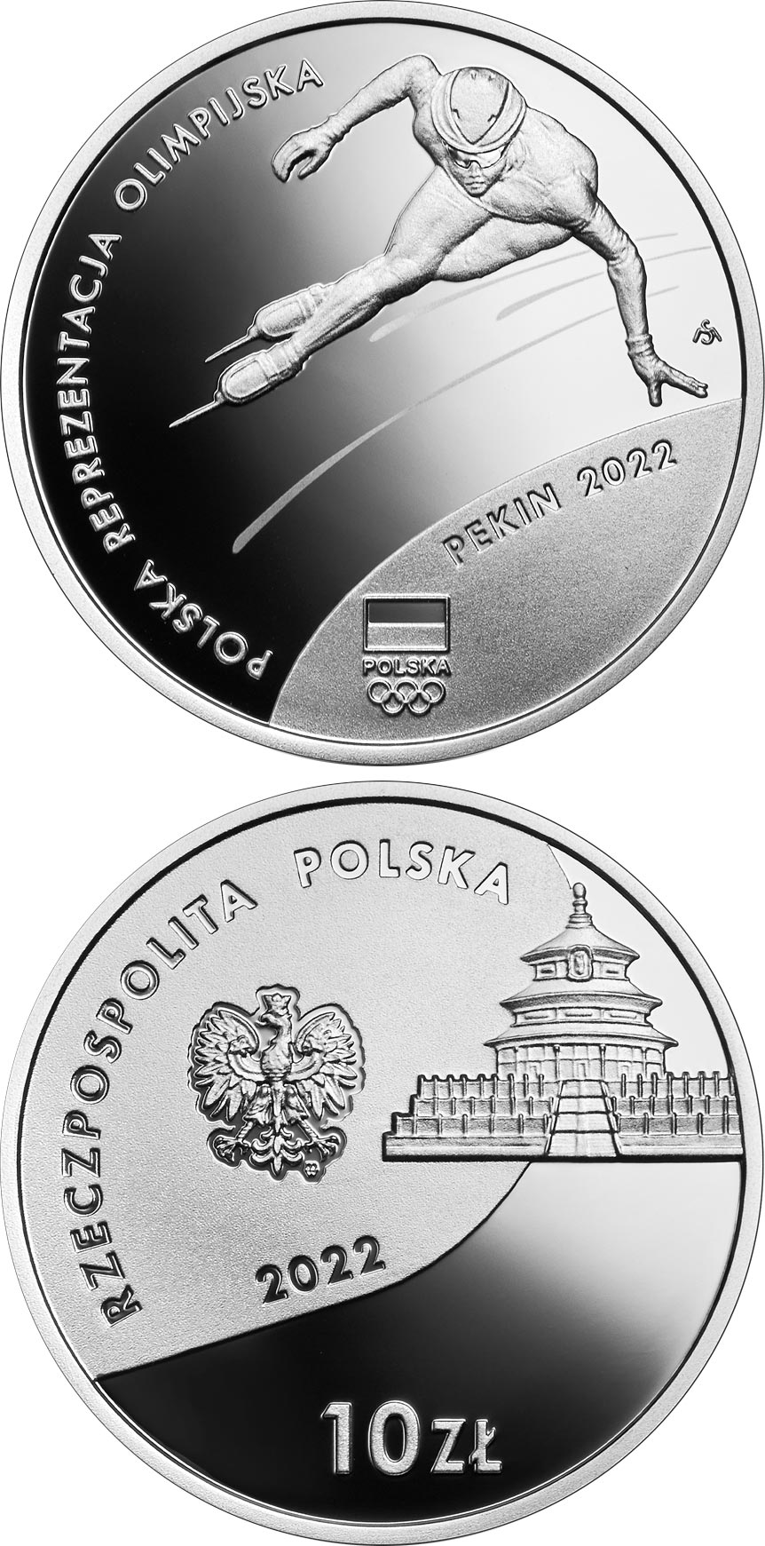 Image of 10 zloty coin - Polish Olympic Team – Beijing 2022  | Poland 2022.  The Silver coin is of Proof quality.
