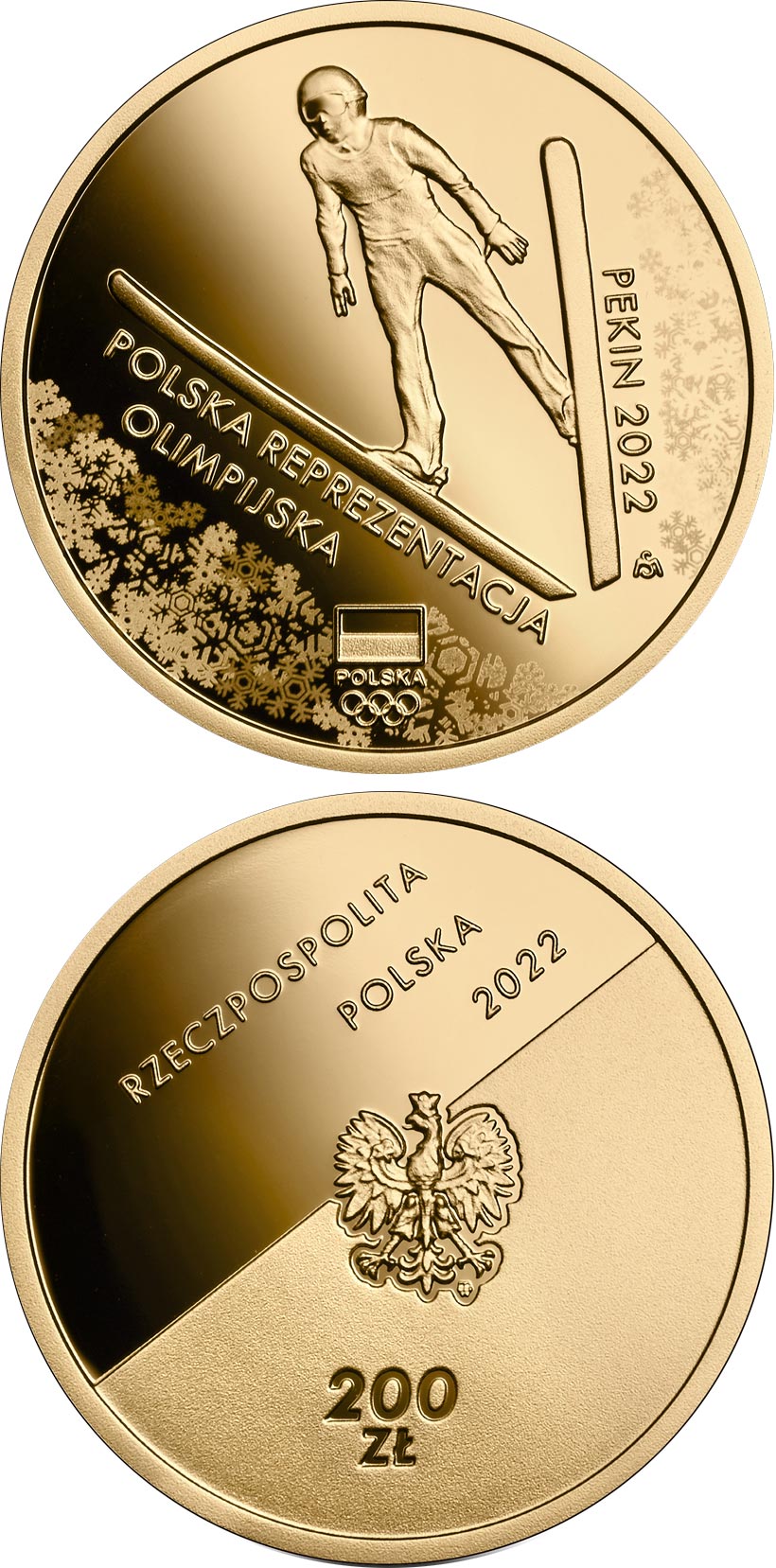 Image of 200 zloty coin - Polish Olympic Team – Beijing 2022  | Poland 2022.  The Gold coin is of Proof quality.