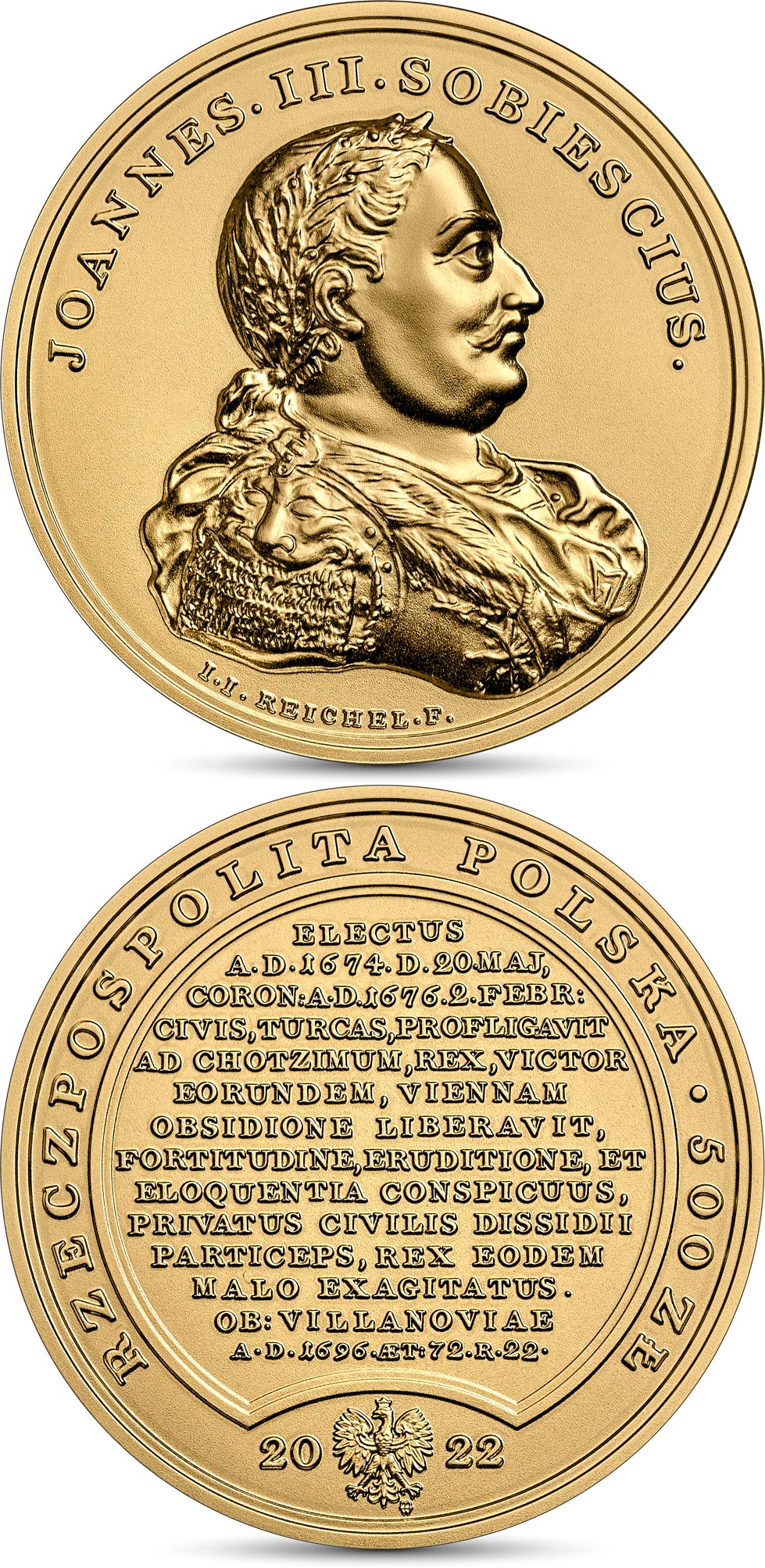 Image of 500 zloty coin - John III Sobieski  | Poland 2022.  The Gold coin is of BU quality.
