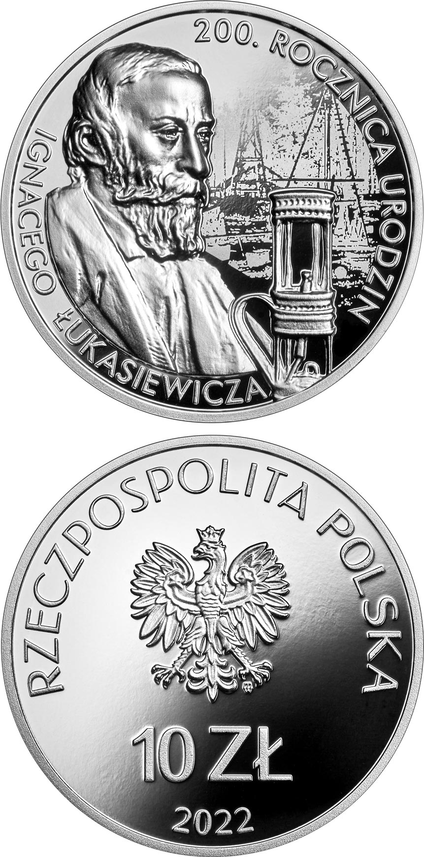 Image of 10 zloty coin - 200th Anniversary of the Birth of Ignacy Łukasiewicz  | Poland 2022.  The Silver coin is of Proof quality.