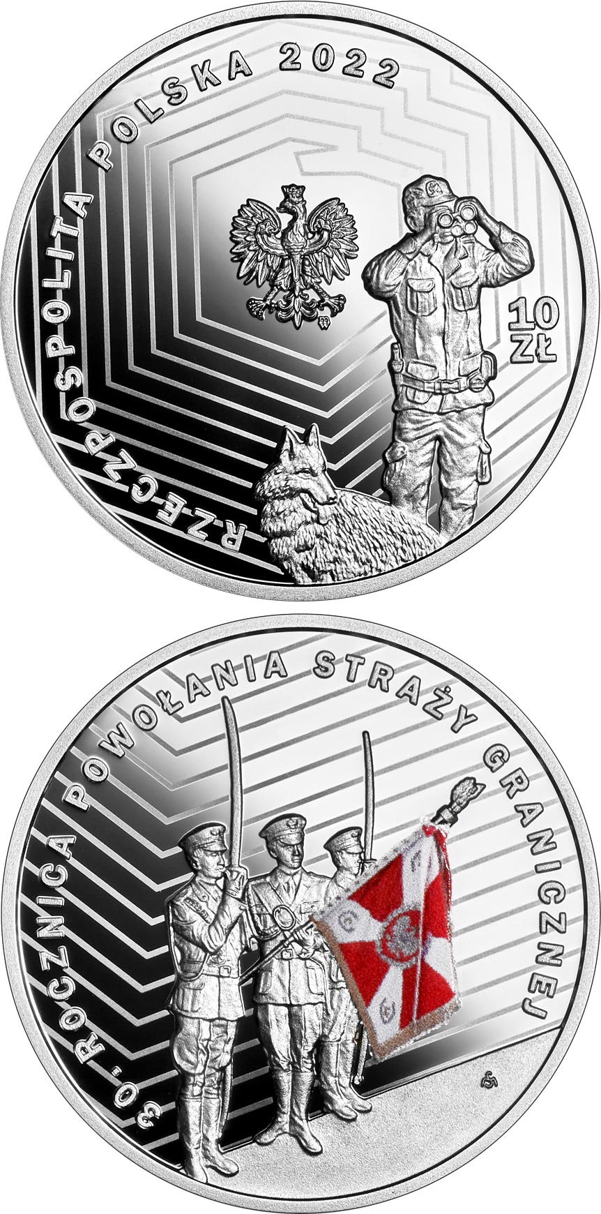 Image of 10 zloty coin -  30th Anniversary of the Establishment of the Polish Border Guard  | Poland 2022.  The Silver coin is of Proof quality.