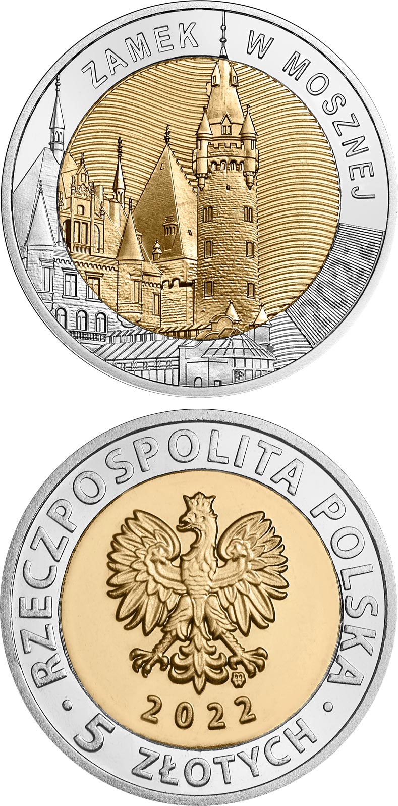 Image of 5 zloty coin - Moszna Castle  | Poland 2022.  The Bimetal: CuNi, nordic gold coin is of UNC quality.