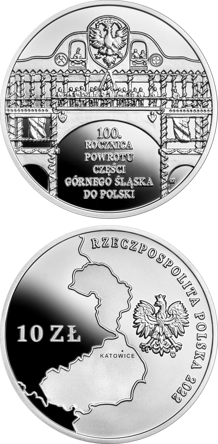 Image of 10 zloty coin -  100th Anniversary of the Return of a Part of Upper Silesia to Poland | Poland 2022.  The Silver coin is of Proof quality.