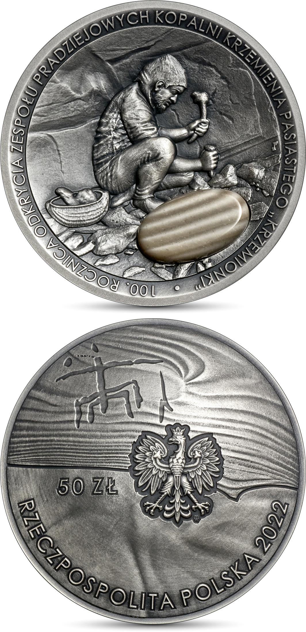Image of 50 zloty coin - 100th Anniversary of the Discovery of the Complex of Prehistoric Striped Flint Mines Krzemionki | Poland 2022.  The Silver coin is of BU quality.