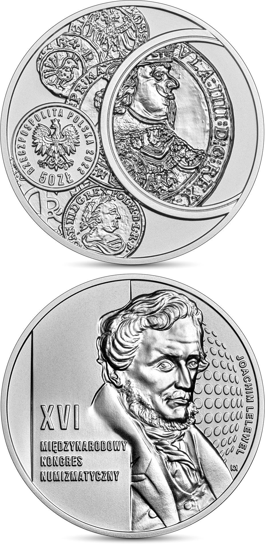 Image of 50 zloty coin - XVI International Numismatic Congress | Poland 2022.  The Silver coin is of BU quality.