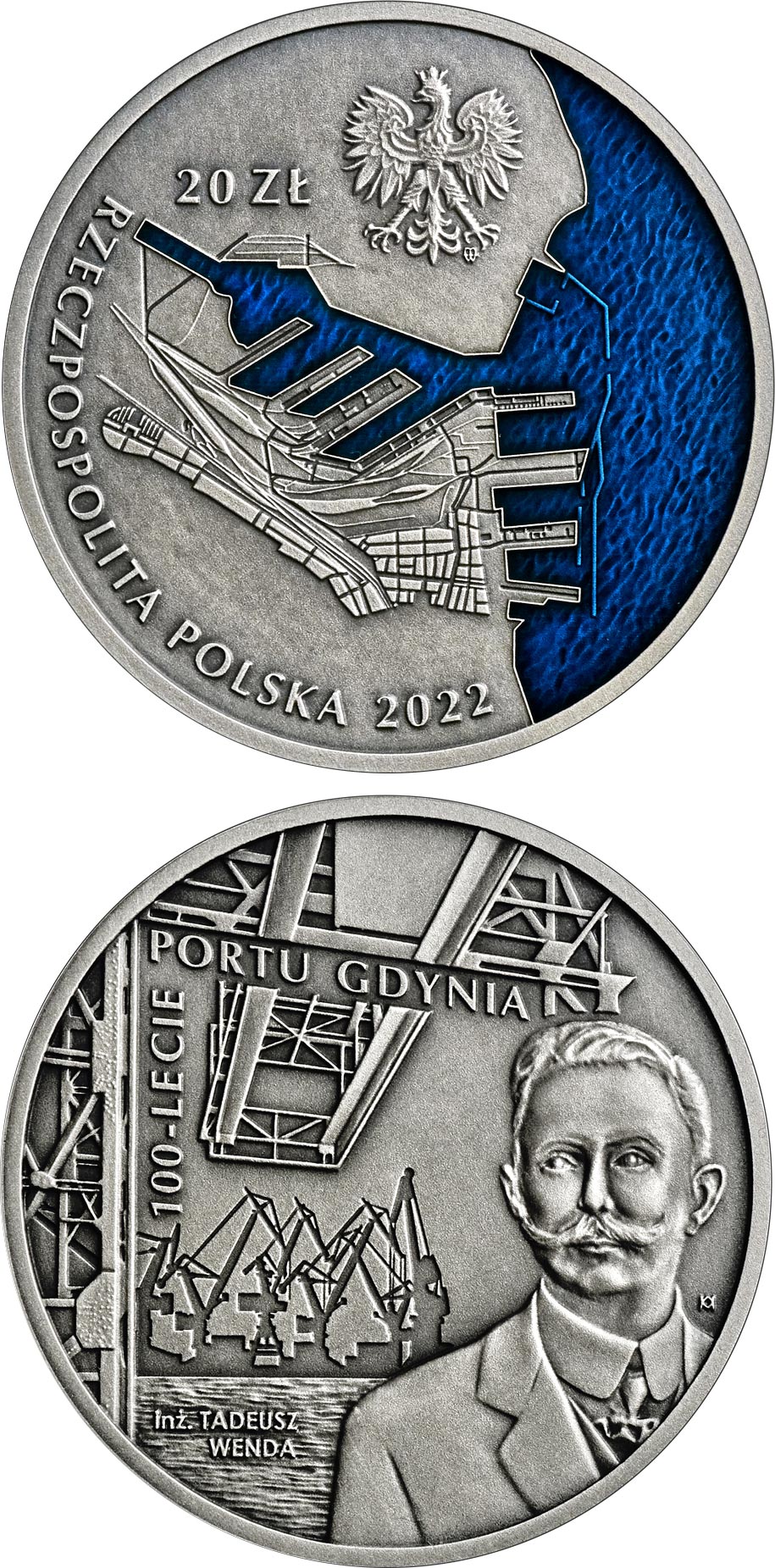 Image of 20 zloty coin - 100th Anniversary of the Port of Gdynia  | Poland 2022.  The Silver coin is of Proof quality.