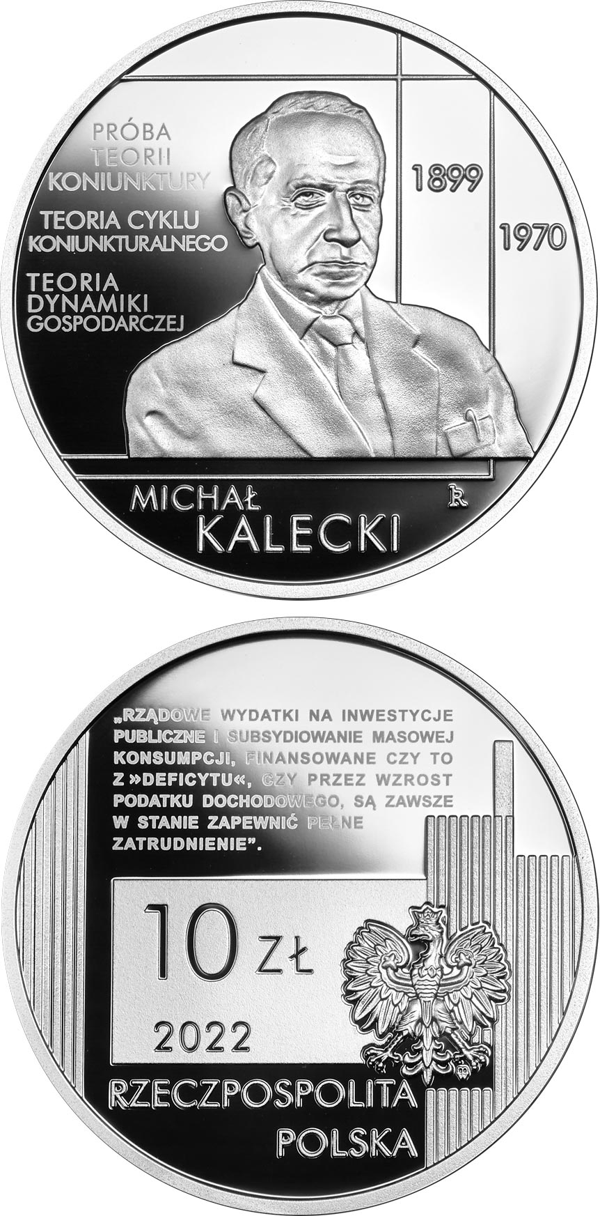 Image of 10 zloty coin - Michał Kalecki | Poland 2022.  The Silver coin is of Proof quality.