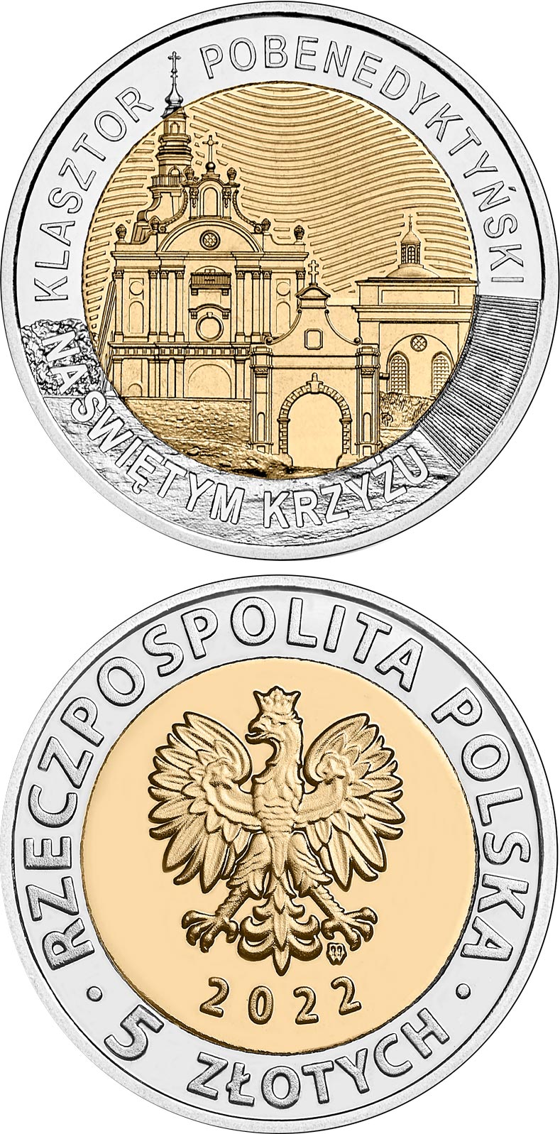 Image of 5 zloty coin - The Former Benedictine Monastery on Święty Krzyż Mountain  | Poland 2022.  The Bimetal: CuNi, nordic gold coin is of UNC quality.