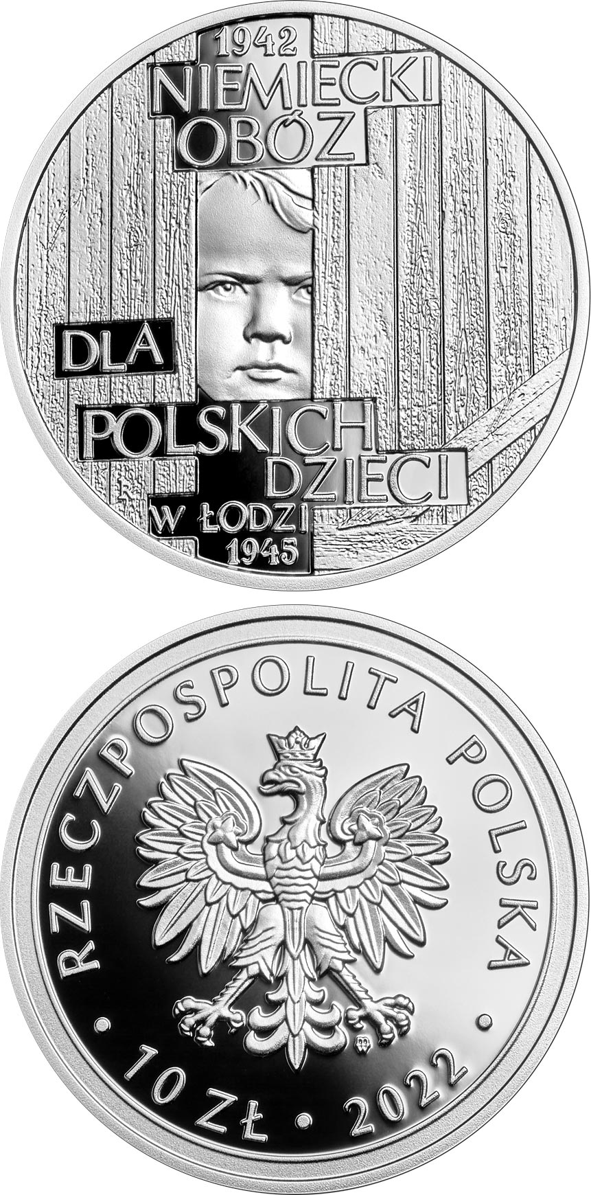 Image of 10 zloty coin - The German Labour Camp for Polish Children in Łódź | Poland 2022.  The Silver coin is of Proof quality.