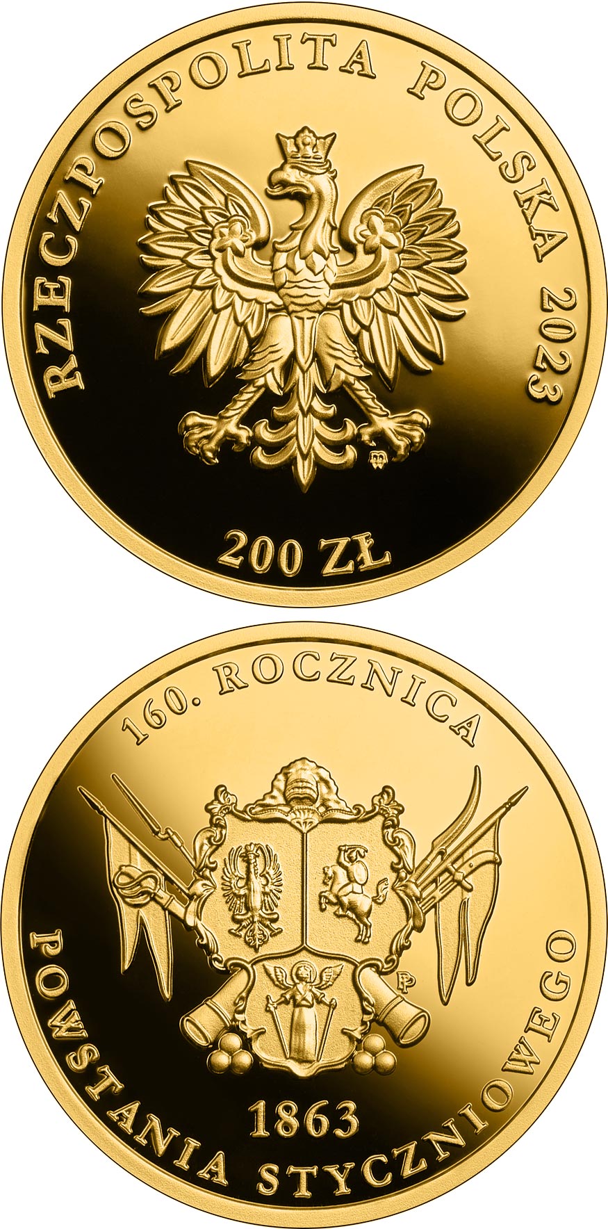Image of 200 zloty coin - 160th Anniversary of the January Uprising  | Poland 2023.  The Gold coin is of Proof quality.