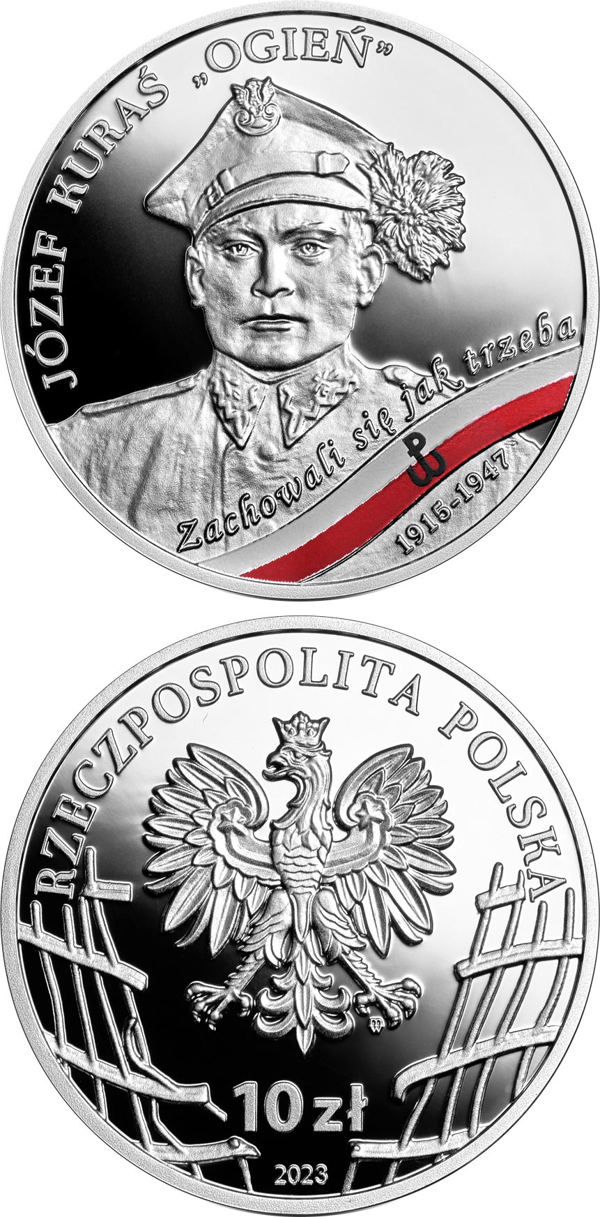 Image of 10 zloty coin - Józef Kuraś - Ogień | Poland 2023.  The Silver coin is of Proof quality.