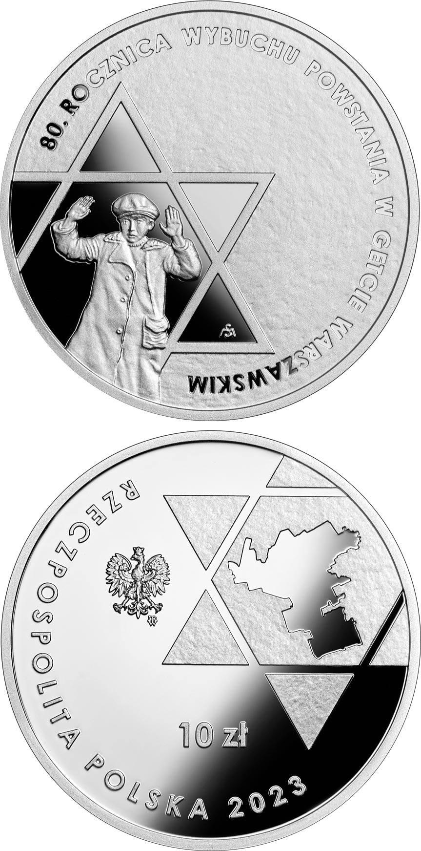 Image of 10 zloty coin - 80th Anniversary of the Outbreak of the Warsaw Ghetto Uprising | Poland 2023.  The Silver coin is of Proof quality.