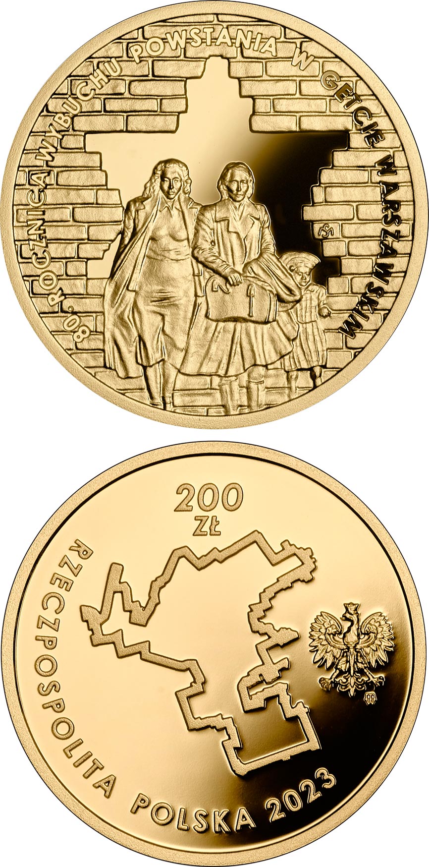 Image of 200 zloty coin - 80th Anniversary of the Outbreak of the Warsaw Ghetto Uprising | Poland 2023.  The Gold coin is of Proof quality.