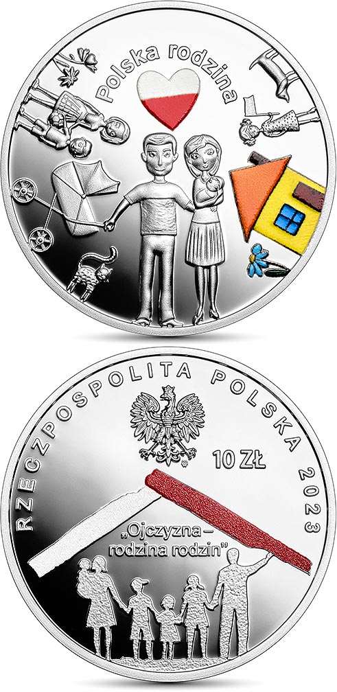 Image of 10 zloty coin - The Polish Family | Poland 2023.  The Silver coin is of Proof quality.