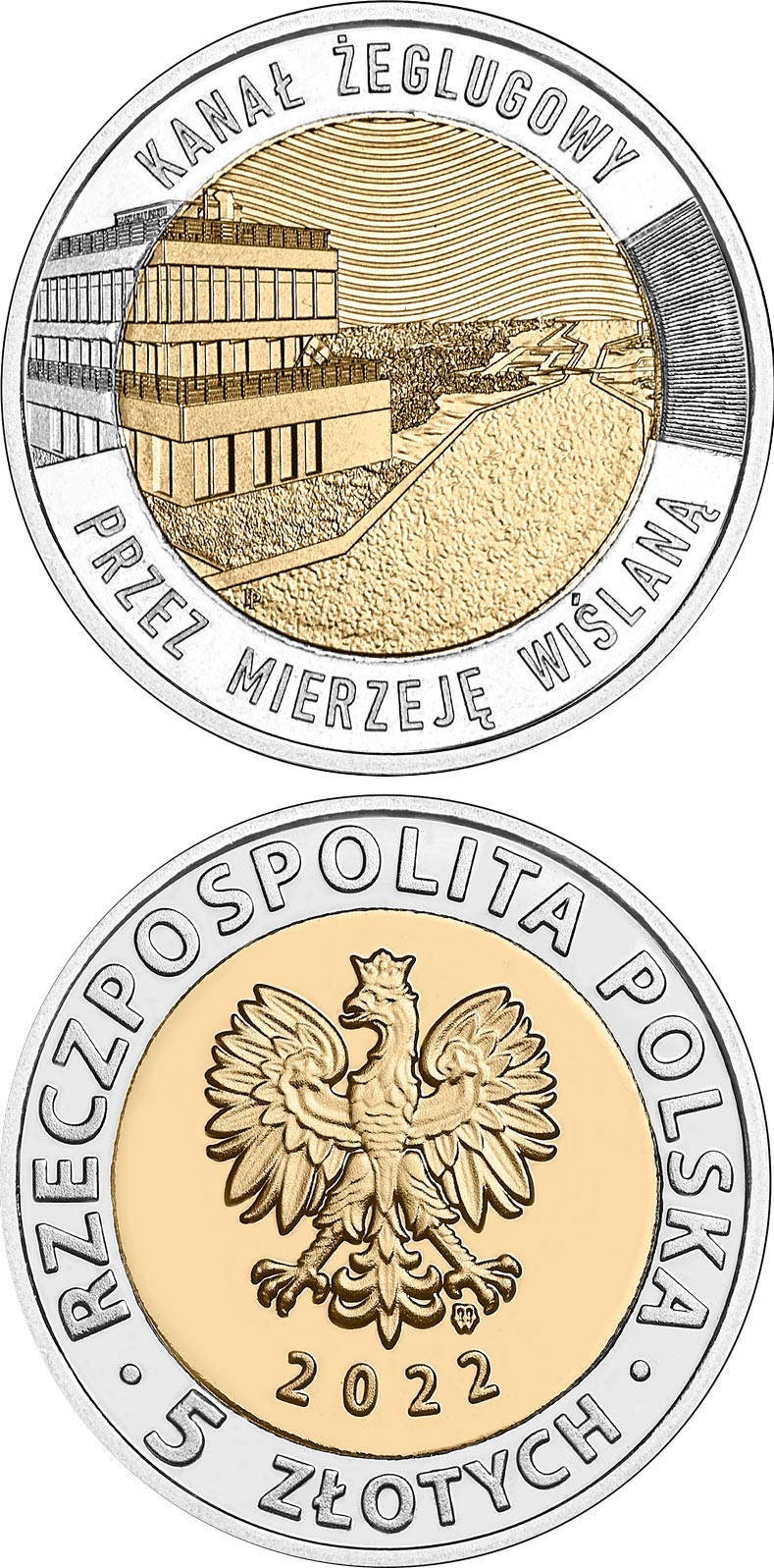 Image of 5 zloty coin - The Vistula Spit Canal | Poland 2023.  The Bimetal: CuNi, nordic gold coin is of UNC quality.