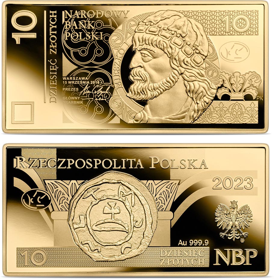 Image of 10 zloty coin - The 10 zloty Note | Poland 2023.  The Gold coin is of Proof quality.
