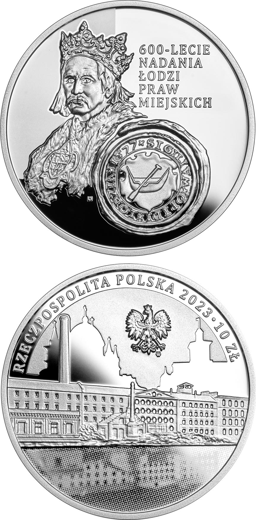 Image of 10 zloty coin - 600th Anniversary of granting municipal rights to Łódź | Poland 2023.  The Silver coin is of Proof quality.