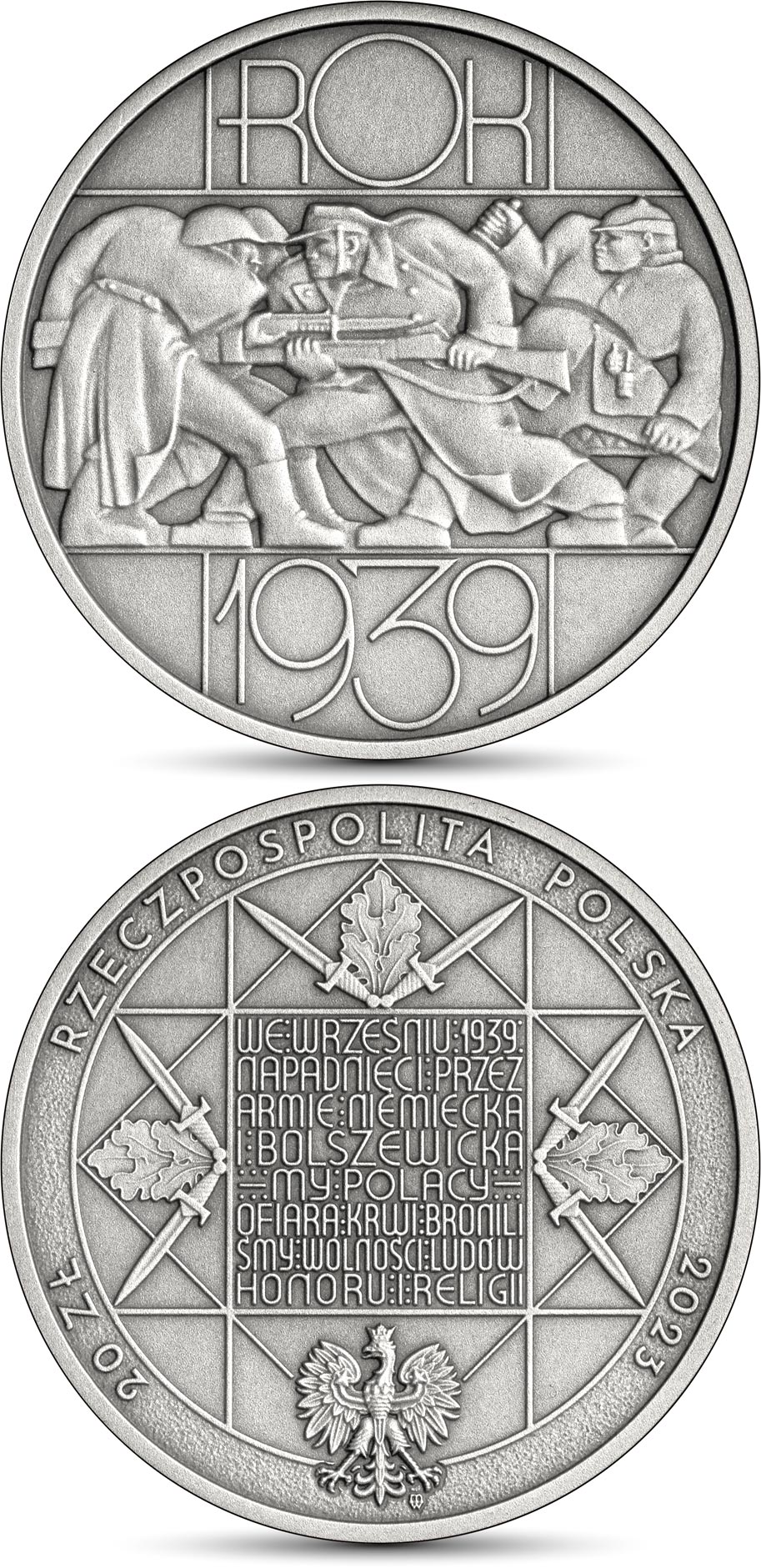 Image of 20 zloty coin - Soviet Aggression against Poland – 17 September 1939 | Poland 2023.  The Silver coin is of Proof quality.
