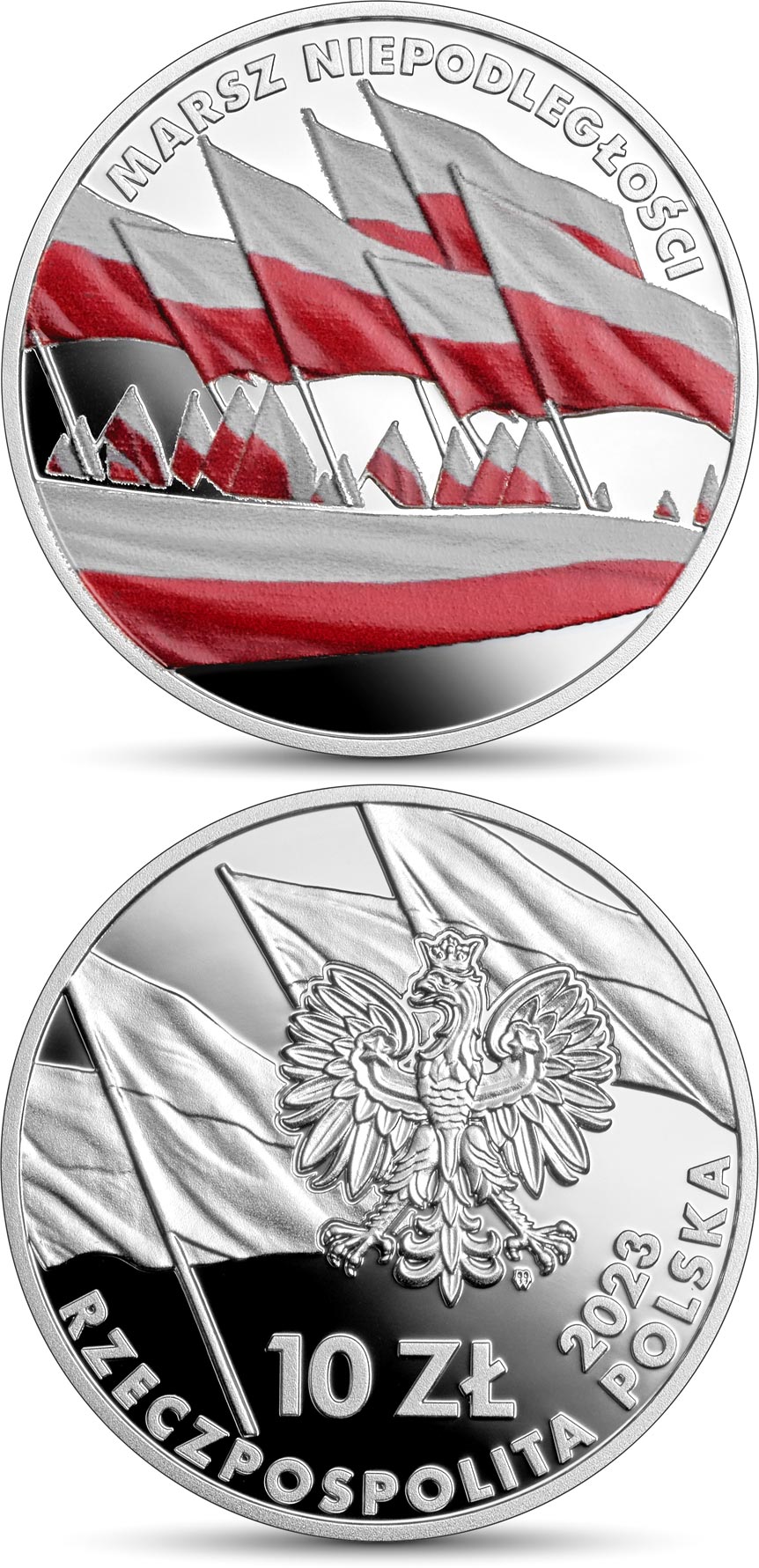 Image of 10 zloty coin - The Independence March | Poland 2023.  The Silver coin is of Proof quality.