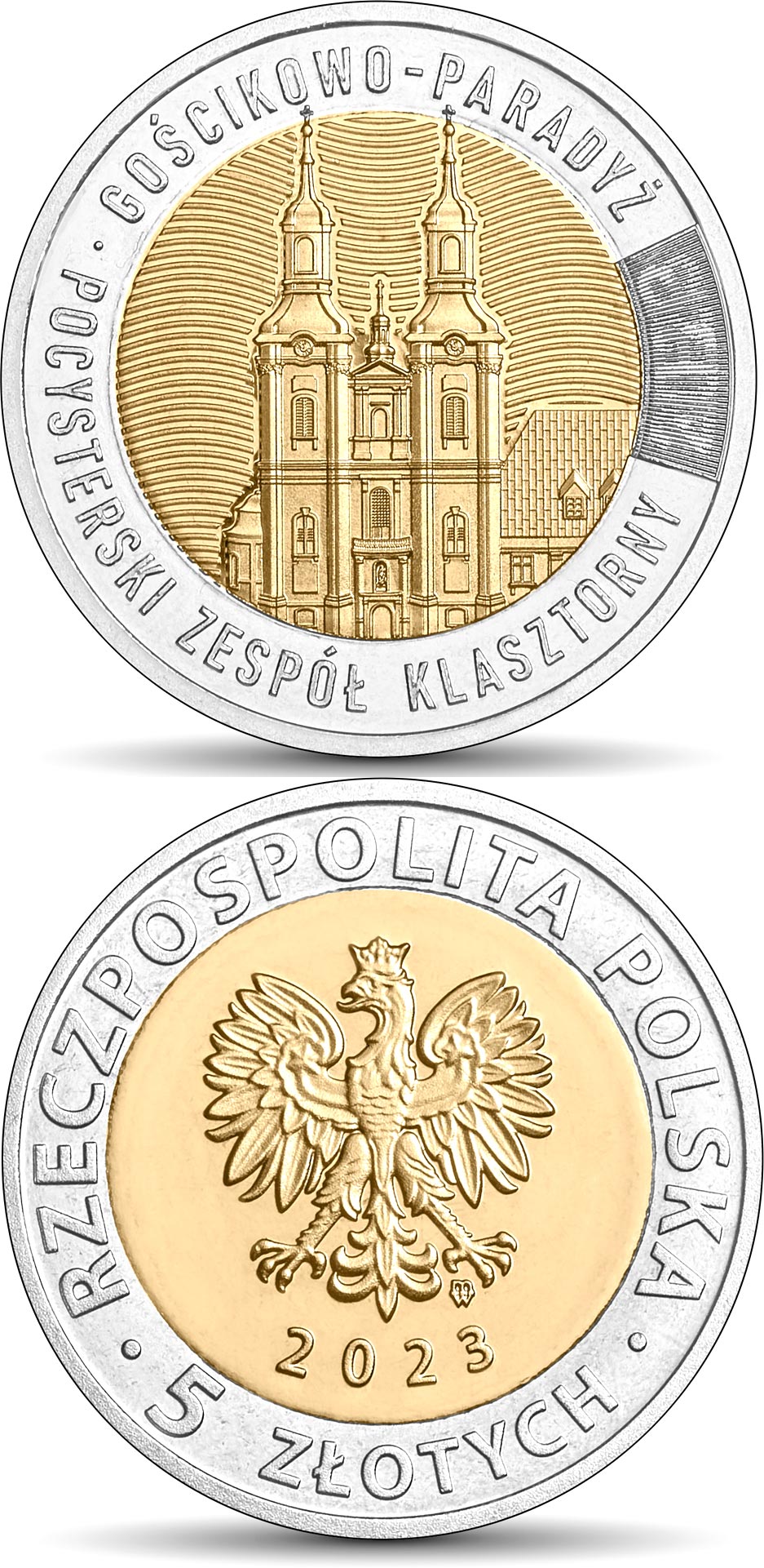 Image of 5 zloty coin - The Post-Cistercian Monastery Complex in Gościkowo-Paradyż | Poland 2023.  The Bimetal: CuNi, nordic gold coin is of UNC quality.