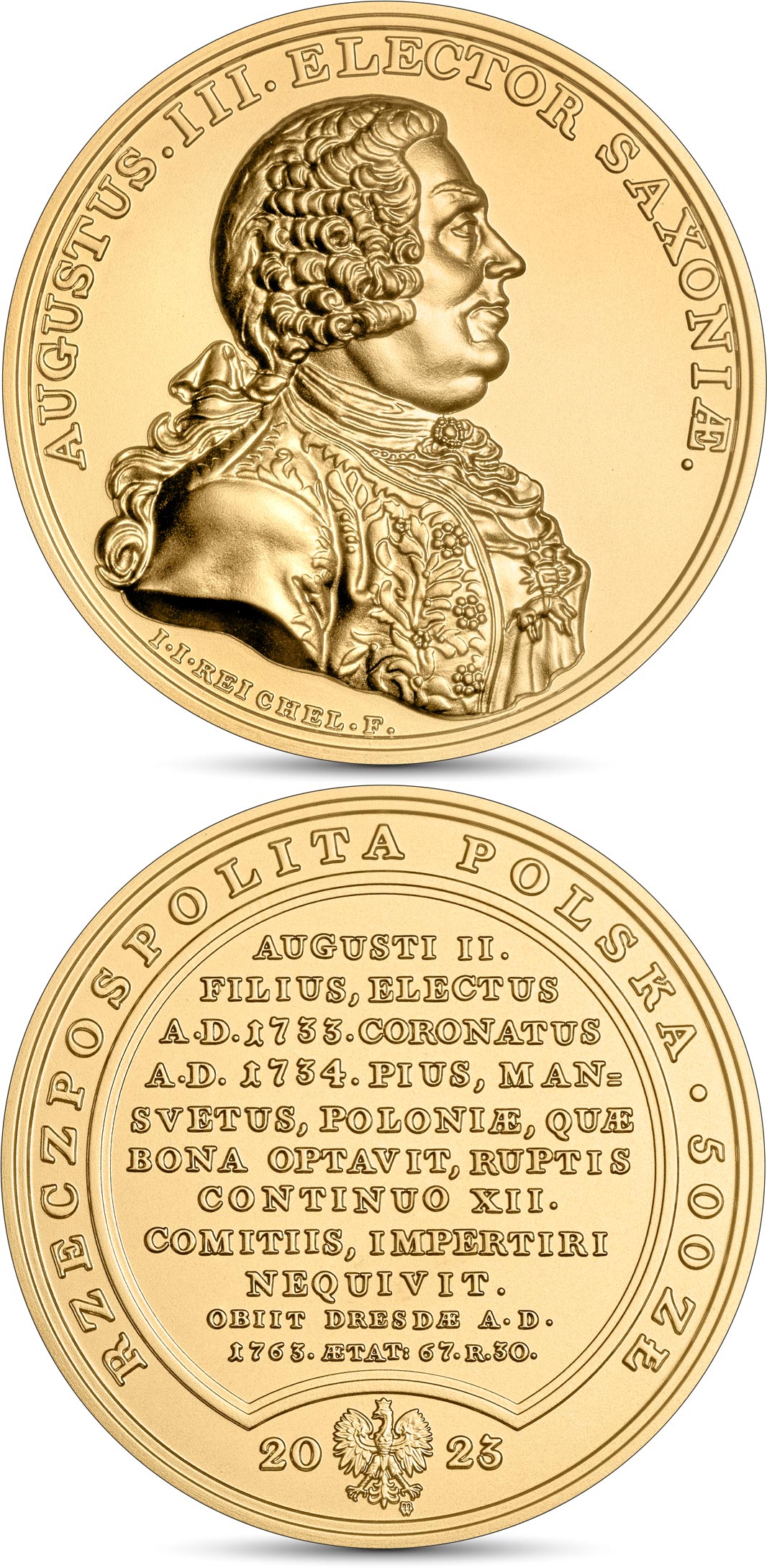 Image of 500 zloty coin - Augustus III | Poland 2023.  The Gold coin is of BU quality.