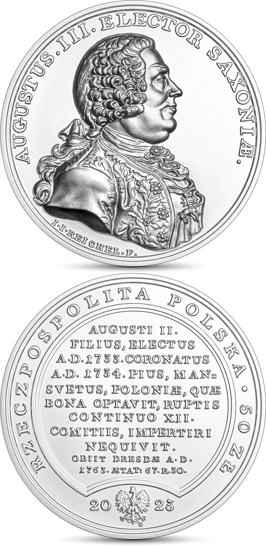 Image of 50 zloty coin - Augustus III | Poland 2023.  The Silver coin is of Proof quality.