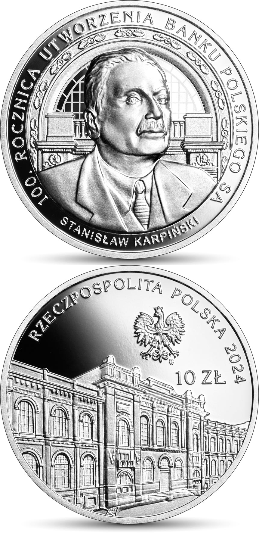 Image of 10 zloty coin - 100th Anniversary of the Establishment of Bank Polski SA | Poland 2024.  The Silver coin is of Proof quality.