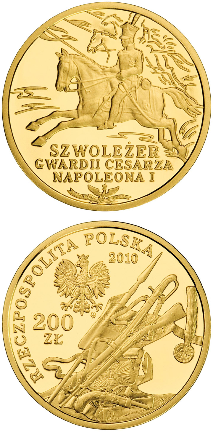 Image of 200 zloty coin - Chevau-Légers of the Imperial Guard of Napoleon I | Poland 2010.  The Gold coin is of Proof quality.