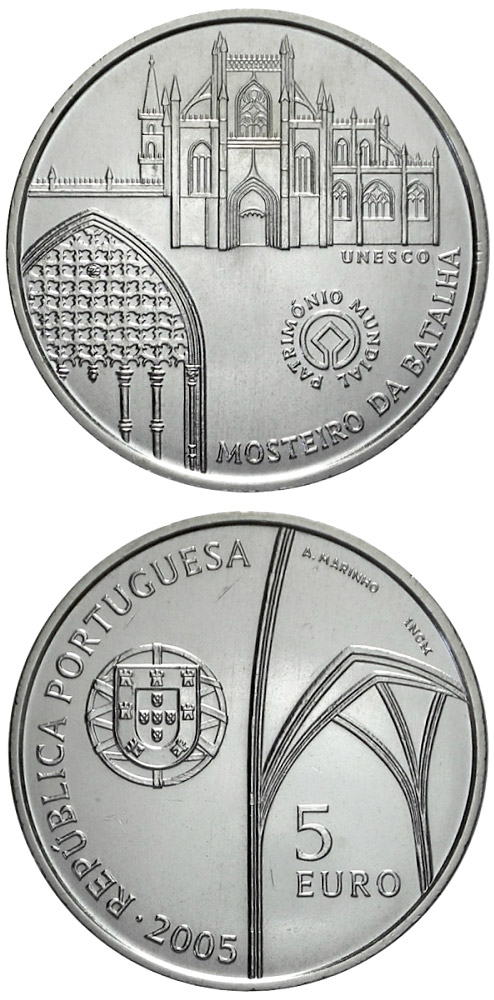 Image of 5 euro coin - Batalha Monastery | Portugal 2005.  The Silver coin is of Proof, UNC quality.