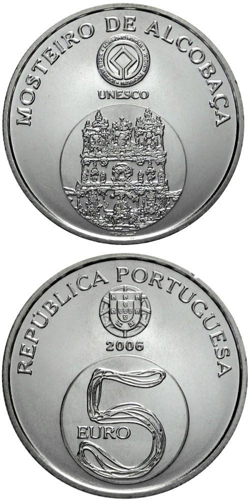 Image of 5 euro coin - Alcobaca Monastery | Portugal 2006.  The Silver coin is of Proof, UNC quality.