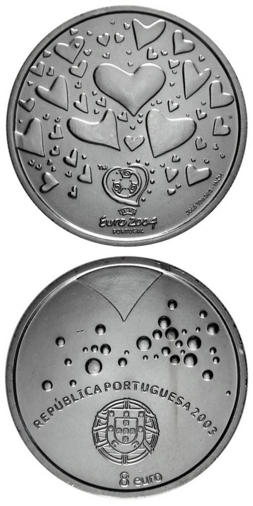 Image of 8 euro coin - Football European Championship 2004 - Football is passion | Portugal 2003.  The Silver coin is of Proof, BU, UNC quality.