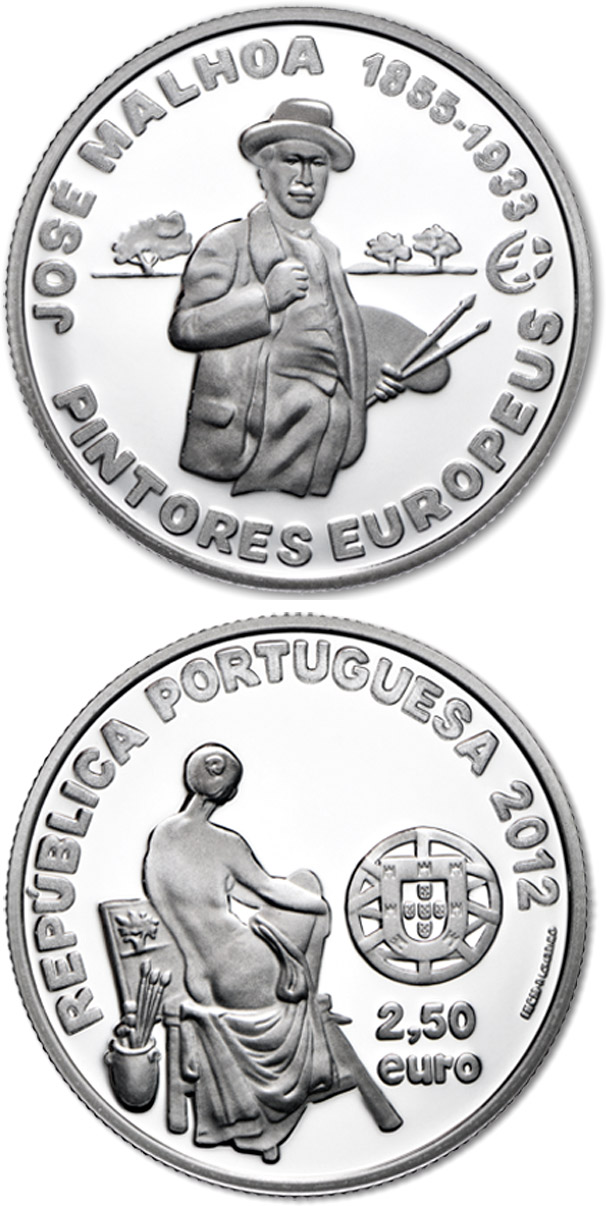 Image of 2.5 euro coin - Portuguese painter José Malhoa | Portugal 2012.  The Silver coin is of Proof, UNC quality.
