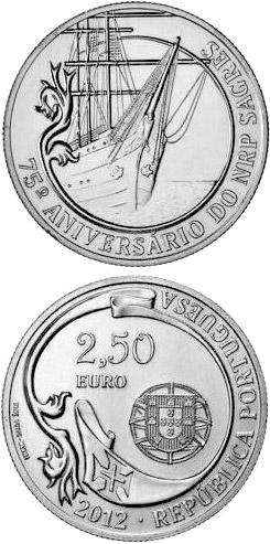 Image of 2.5 euro coin - The 75 years of the school ship Sagres | Portugal 2012.  The Silver coin is of Proof, BU, UNC quality.