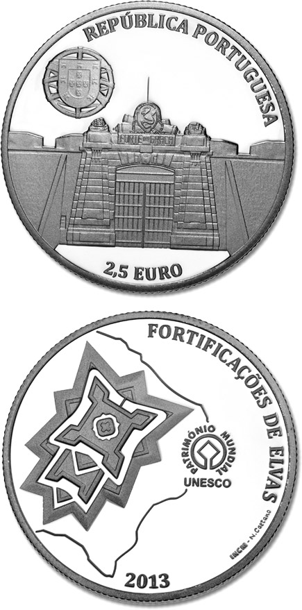 Image of 2.5 euro coin - UNESCO World Heritage – Garrison Border Town Of Elvas And Its Fortifications | Portugal 2013.  The Silver coin is of Proof quality.