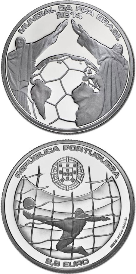 Image of 2.5 euro coin - FIFA 2014  | Portugal 2014.  The Silver coin is of Proof, BU, UNC quality.