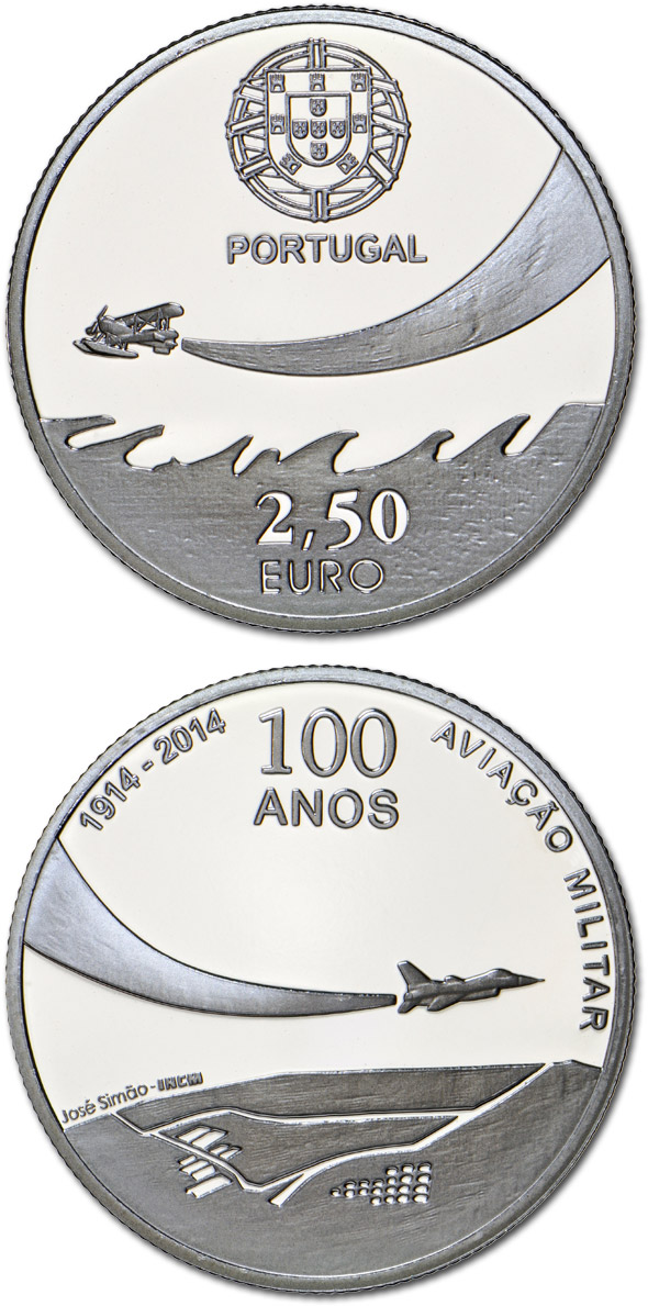 Image of 2.5 euro coin - 100 Years Military Aviation | Portugal 2014.  The Silver coin is of Proof, BU, UNC quality.