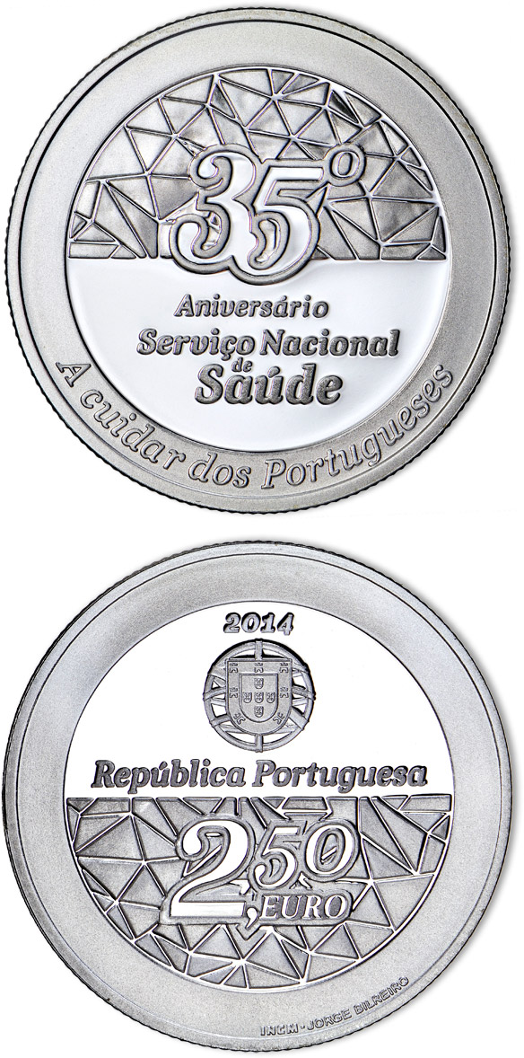 Image of 2.5 euro coin - 35 Year Service Of National Health | Portugal 2014.  The Silver coin is of Proof, BU, UNC quality.
