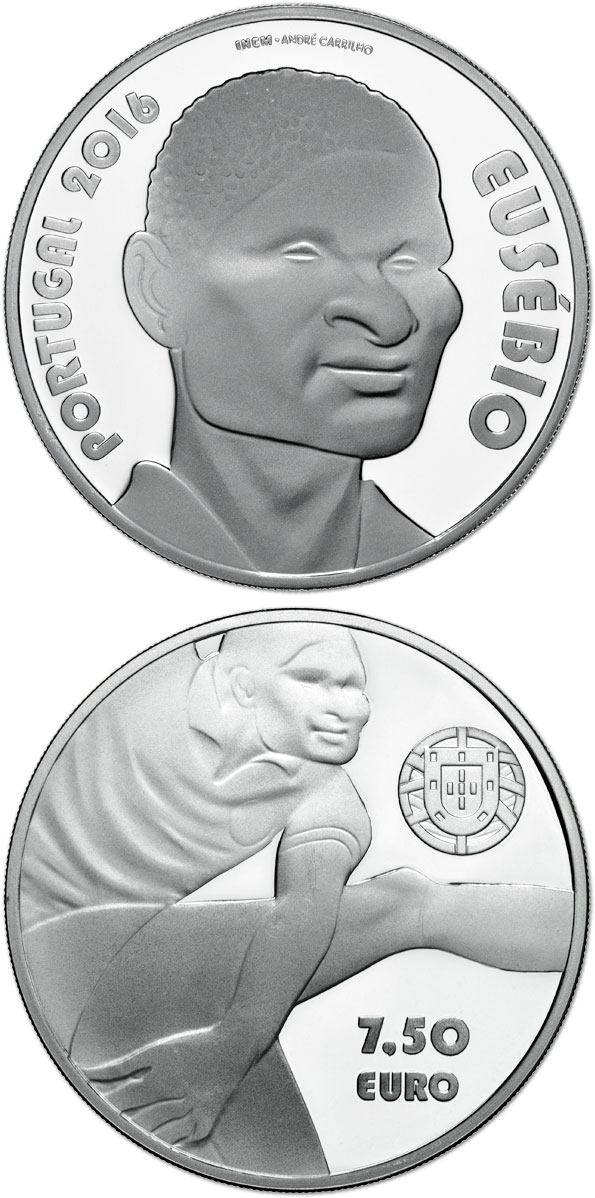 Image of 7.5 euro coin - Eusébio | Portugal 2016.  The Silver coin is of Proof, UNC quality.
