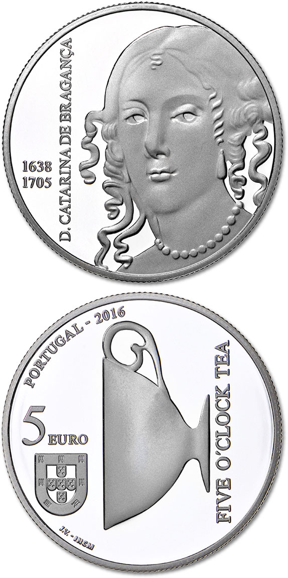 Image of 5 euro coin - D. Catarina of Bragança | Portugal 2016.  The Silver coin is of Proof, UNC quality.