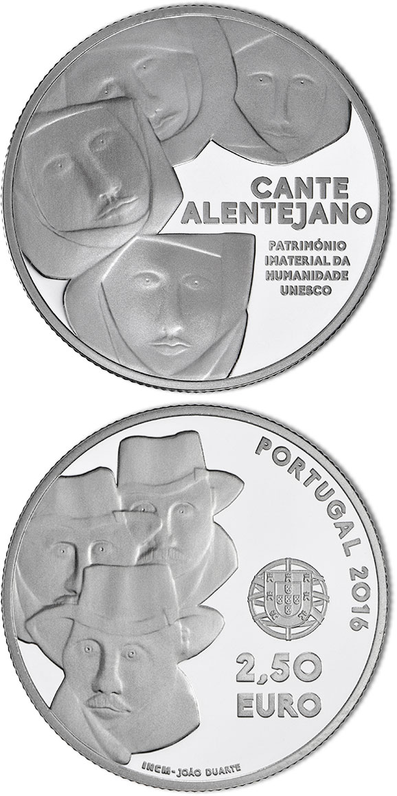 Image of 2.5 euro coin - Pollyphonic Singing from Alentejo | Portugal 2016.  The Silver coin is of Proof, BU, UNC quality.