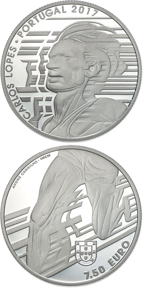 Image of 7.5 euro coin - Carlos Lopes | Portugal 2017.  The Silver coin is of Proof, UNC quality.