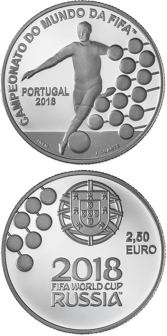 Image of 2.5 euro coin - FIFA World Cup Russia 2018 | Portugal 2018.  The Silver coin is of Proof, BU, UNC quality.