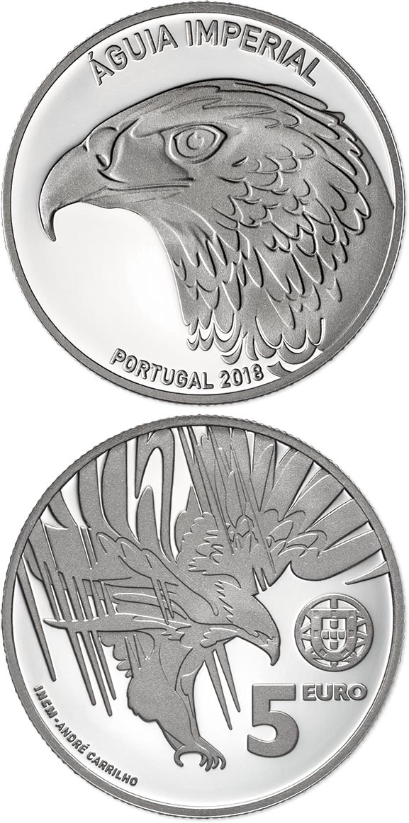 Image of 5 euro coin - The Imperial Eagle | Portugal 2018.  The Silver coin is of Proof, UNC quality.