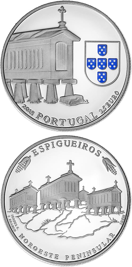 Image of 2.5 euro coin - Granary Houses From Northwest Of Portugal | Portugal 2018.  The Silver coin is of Proof, BU, UNC quality.