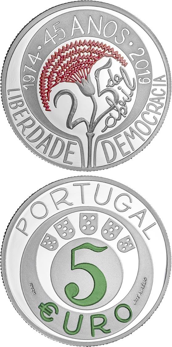 Image of 5 euro coin - 45th Anniversary of the Carnation Revolution | Portugal 2019