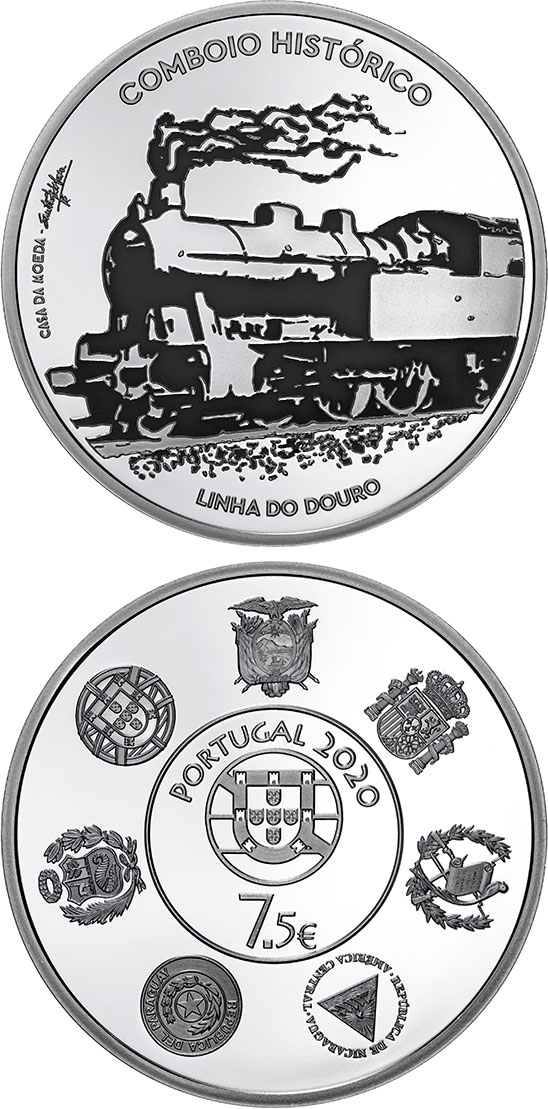 Image of 7.5 euro coin - Ibero-American series - Historic Trains | Portugal 2020.  The Silver coin is of Proof quality.