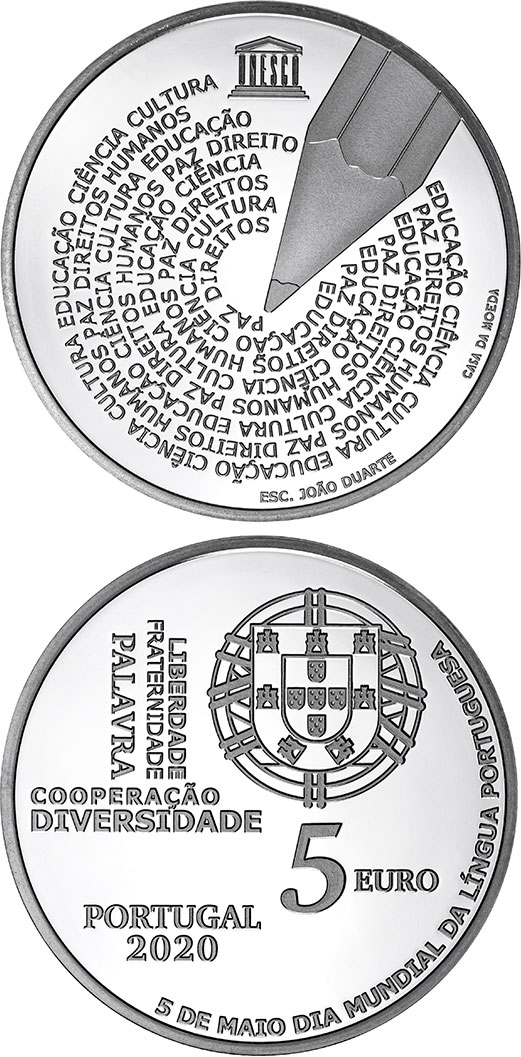 Image of 5 euro coin - UNESCO World Portuguese Language Day | Portugal 2020.  The Silver coin is of Proof quality.