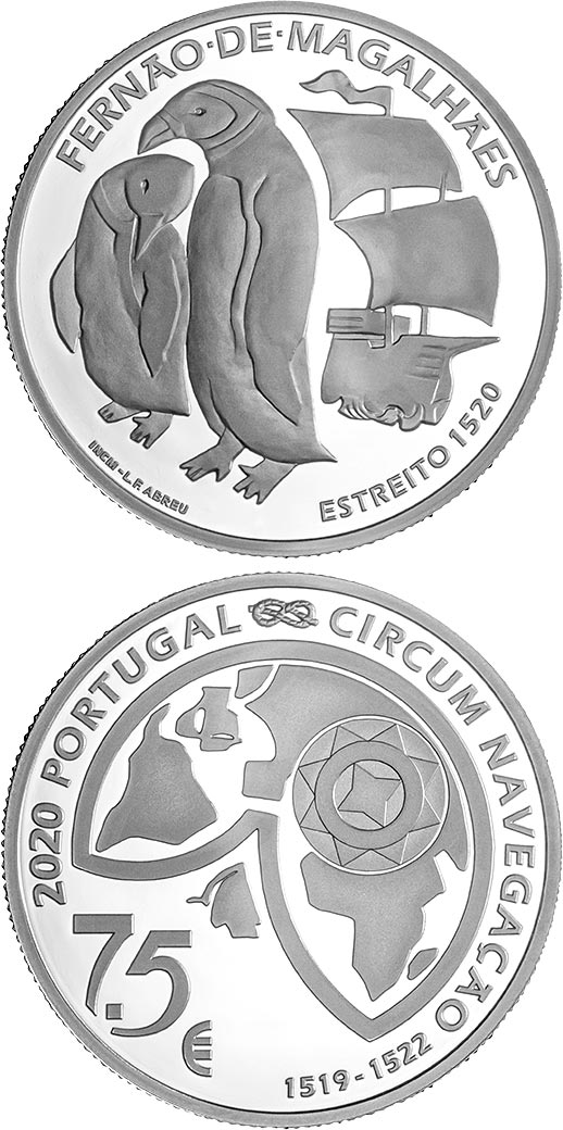 Image of 7.5 euro coin - The Passage of the Strait 1520 | Portugal 2020.  The Silver coin is of Proof quality.