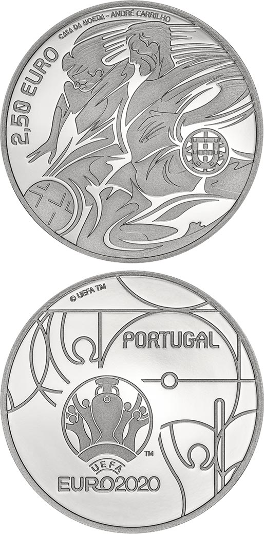 Image of 2.5 euro coin - UEFA Euro 2020 | Portugal 2020.  The Silver coin is of Proof, BU, UNC quality.